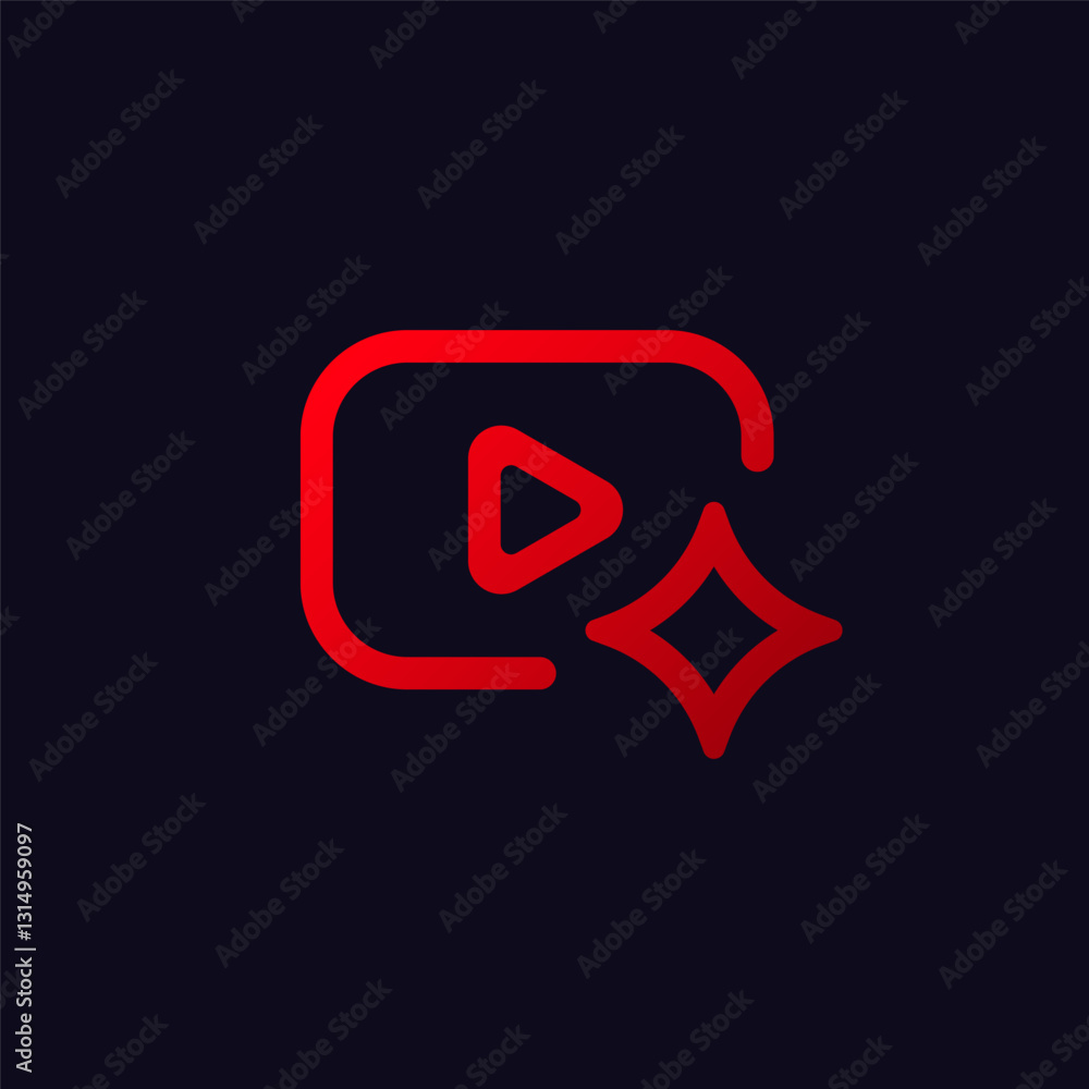 Poster red play button with a sparkle symbol, representing video highlights or special features in content.
