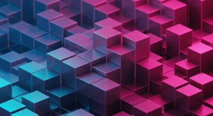 Abstract geometric pattern, 3D cubes, vibrant pink and blue gradient, isometric design, futuristic, dynamic lighting, glossy surfaces, digital art, technological aesthetic, neon colors, cyberpunk styl