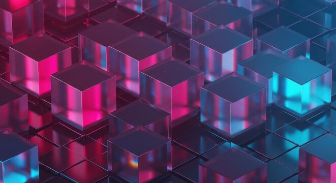 Abstract cubes, neon pink and blue, geometric pattern, 3D rendering, cyberpunk aesthetic, futuristic cityscape, glowing edges, isometric design, digital art, synthwave style, high contrast, reflective