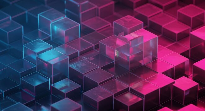 Abstract cubes, neon pink and blue, geometric pattern, 3D rendering, cyberpunk aesthetic, futuristic cityscape, glowing edges, isometric design, digital art, synthwave style, high contrast, reflective