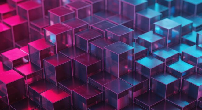 Abstract cubes, neon pink and blue, geometric pattern, 3D rendering, cyberpunk aesthetic, futuristic cityscape, glowing edges, isometric design, digital art, synthwave style, high contrast, reflective
