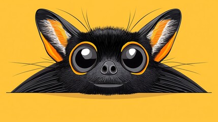 Cartoon bat peeking from yellow background. Illustration of bat face.  Possible use children's book cover, social media graphic