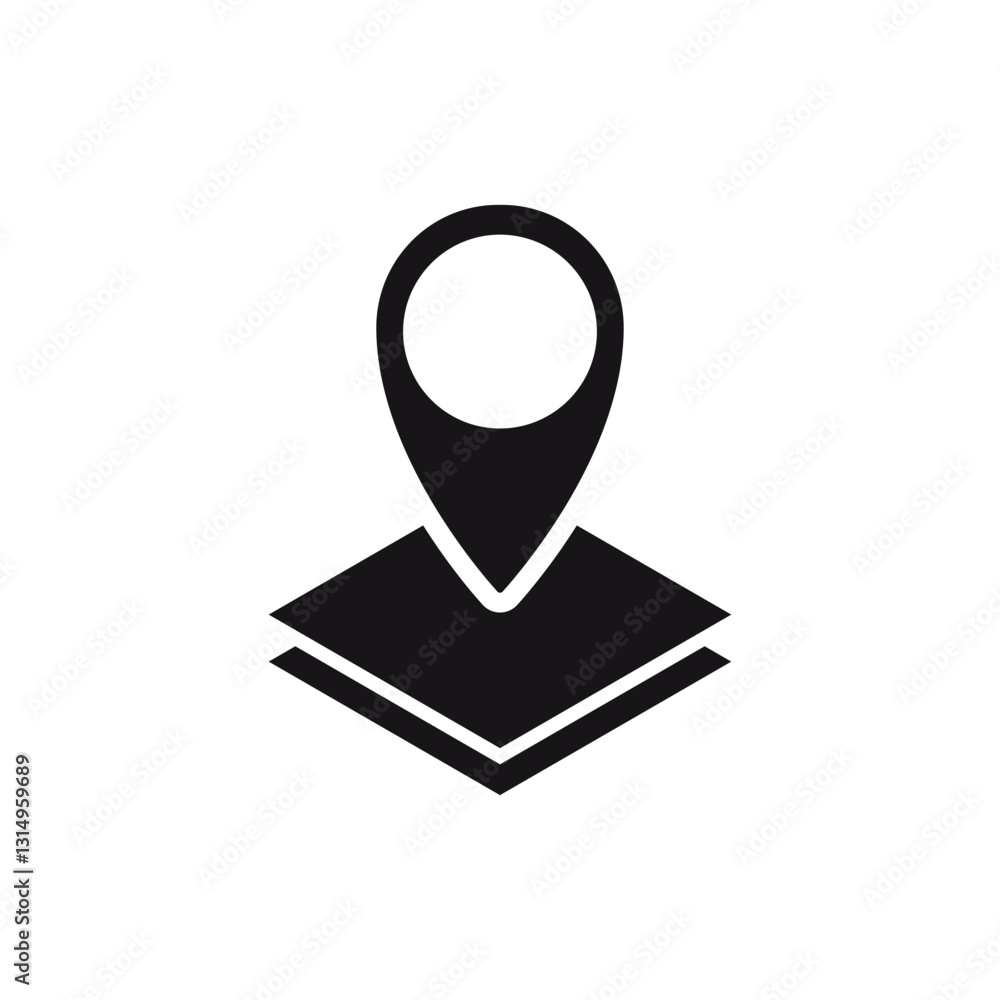 Poster a minimalistic map location pin icon in black and white, used for navigation and gps purposes.