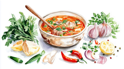 Asian tom yam soup with meat and hot red pepper. Watercolor painting on a white background. Vector illustration. 