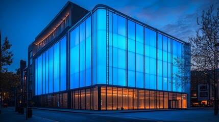Fototapeta premium Modern building illuminated with blue light at twilight.
