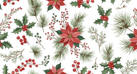Christmas floral pattern, poinsettias, holly berries, pine needles, watercolor illustration, seamless repeat, festive botanical design, red and green holiday motif, white background, vintage botanical