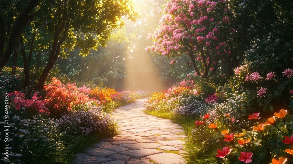Poster a serene garden path lined with vibrant flowers, illuminated by soft sunlight filtering through lush