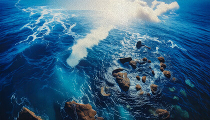 Obraz premium a stunning aerial view of a rocky coastline with waves crashing against dark, rugged rocks. The deep blue and turquoise waters create a mesmerizing contrast with the textured black and gray stones. 