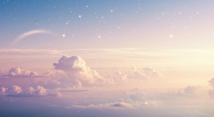 Dreamy sky, fluffy cumulus clouds, pastel sunset colors, soft pink and blue hues, ethereal atmosphere, high altitude view, tranquil cloudscape, wispy cirrus clouds, heavenly landscape, serene horizon,
