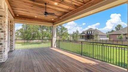 Charming Covered Deck Featuring Wooden Ceiling and Sturdy Iron Handrails in a Cozy Backyard Setting