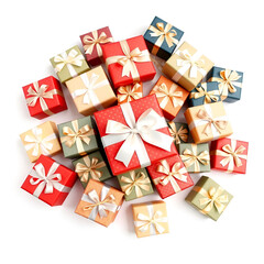 Many gift box white ribbon isolated on white background, using for christmas and new year or holiday other.