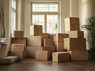Stack of cardboard boxes fills bright room with large windows, ready for big move. Packages awaiting transportation to a new home