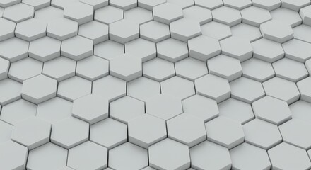 Hexagonal pattern, 3D geometric shapes, gray tones, honeycomb structure, abstract background, textured surface, repeating tiles, minimalist design, architectural elements, shadow play, monochromatic, 