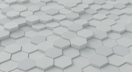 Hexagonal pattern, 3D geometric shapes, gray tones, honeycomb structure, abstract background, textured surface, repeating tiles, minimalist design, architectural elements, shadow play, monochromatic, 