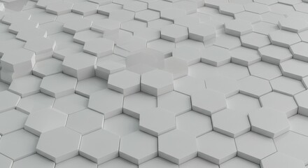 Hexagonal pattern, 3D geometric shapes, gray tones, honeycomb structure, abstract background, textured surface, repeating tiles, minimalist design, architectural elements, shadow play, monochromatic, 