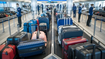 A Busy Airport Baggage Claim Area with a Large Number of Suitcases on the Conveyor Belt, Featuring Various Colors, Sizes, and Styles