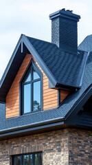 Obraz premium Architectural Elegance Captivating View of Gable Window and Chimney on Modern Brick Home with Asphalt Shingles
