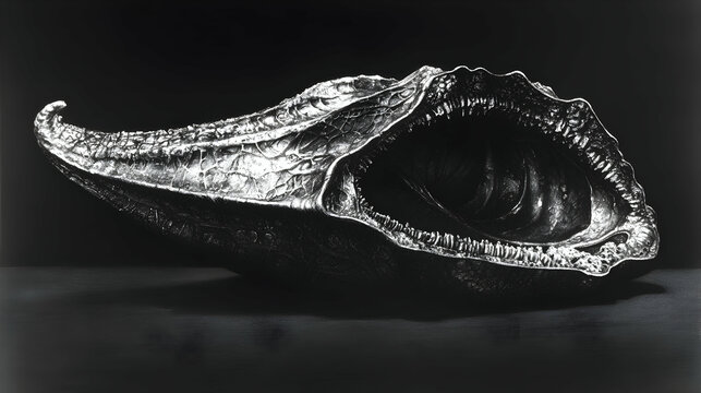 Monochrome close-up of a unique seed pod, open mouth, dark background, for design and art