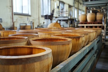 Fototapeta premium Master Craftsmanship in Barrel Workshop: Wooden Barrels Produced by Skilled Cooper in a Factory Setting