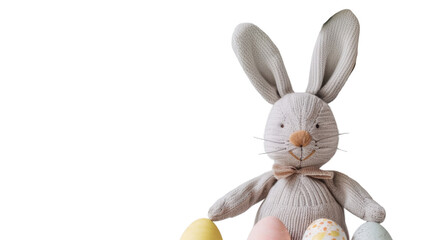 Obraz premium Easter bunny toy presenting colorful eggs on transparent background