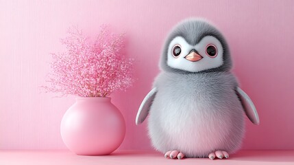 Obraz premium Cute cartoon penguin, pink vase, floral background; children's book illustration