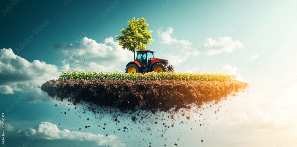 Poster A red tractor stands on a floating patch of healthy crops under a bright sky. Nearby, a small tree adds greenery to the scene, symbolizing sustainable farming practices and innovation in agriculture.