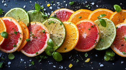 A visually captivating citrus salad with vibrant grapefruit, fresh orange, and zesty lime slices, artistically plated on a matte black surface. The soft,