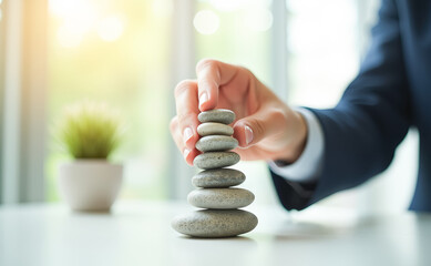Obraz premium Businessman's hand collects a pyramid of pebbles on the office table , balancing Zen stones