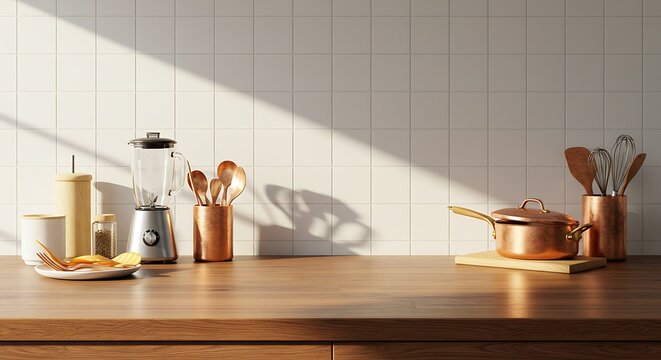 3D render close up blank empty space on beautiful wooden kitchen counter top with stylish kitchen ware, culinary, square white ceramic wall tiles. Morning sunlight, Cooking, Equipment, Background.
