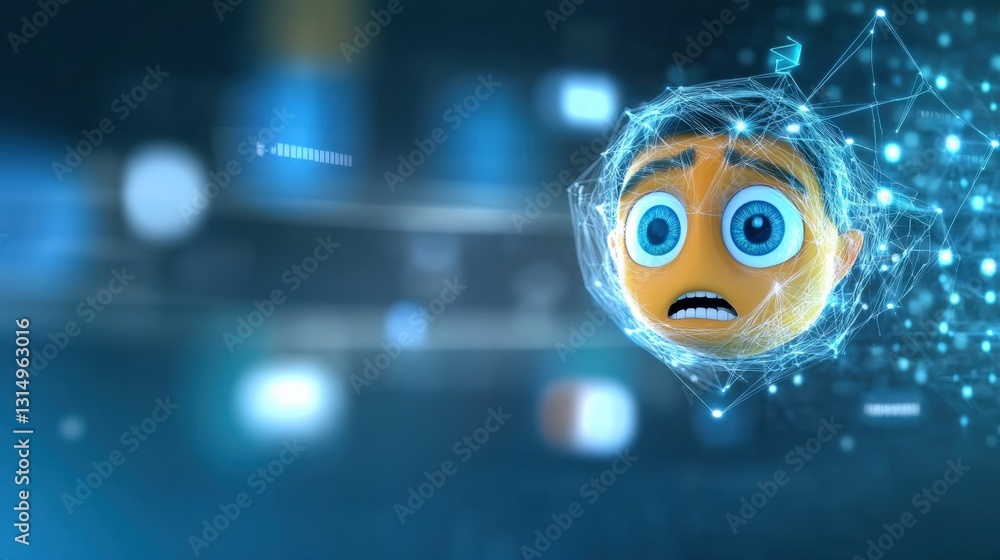 Poster animated character displays shock in a digital realm virtual environment 3d animation futuristic per