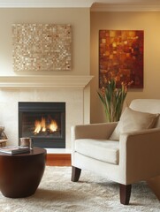 Contemporary living room with a fireplace and artwork displayed