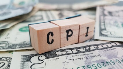CPI acronym made of wooden letter cubes on pile of US dollar banknotes. Consumer Price Index