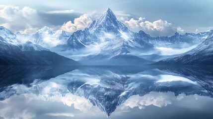 Obraz premium Majestic snowy mountains reflected in a serene lake under a cloudy sky.