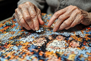 Closeup of elderly hands carefully placing a jigsaw puzzle piece. A detailed, textured image showcasing age and the mindful process of completing a puzzle with a vibrant family photo as the image.