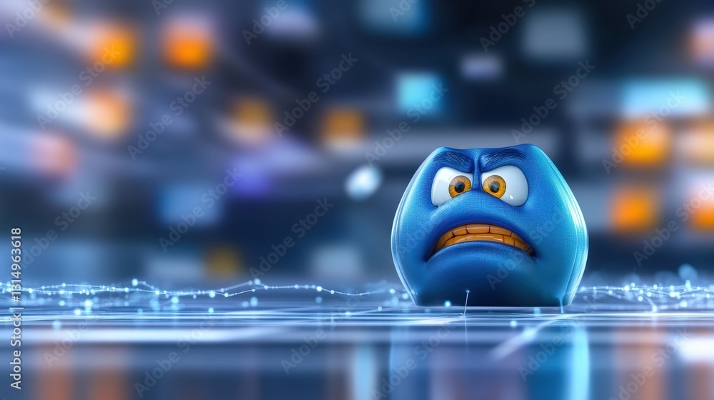 Poster anxious blue character in digital environment virtual world animated content futuristic setting clos