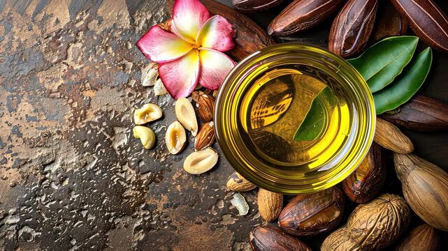 Brazil nut essential oil close-up. Selective focus