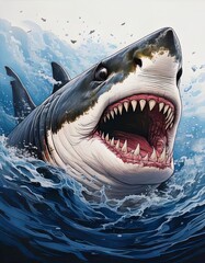 Fototapeta premium Powerful great white shark emerging from the ocean with jaws wide open, showcasing its sharp teeth in a dramatic and intense marine scene.
