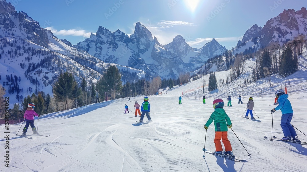 Poster groups of skiers enjoy a day on the slopes, surrounded by stunning mountain views and clear skies, c