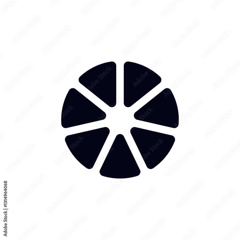 Poster abstract black icon resembling a citrus fruit, designed with eight segments in a circular layout.