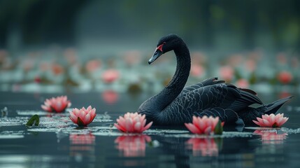 Elegant black swan gracefully gliding on a serene pond, surrounded by delicate pink water lilies.