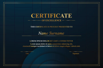 Gold-framed dark-blue certificate of excellence, geometric background, printable