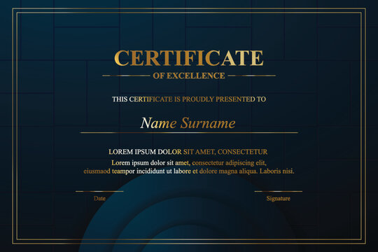 Gold-framed dark-blue certificate of excellence, geometric background, printable