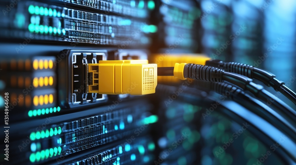 Poster network cables plugged into a high-speed data server.