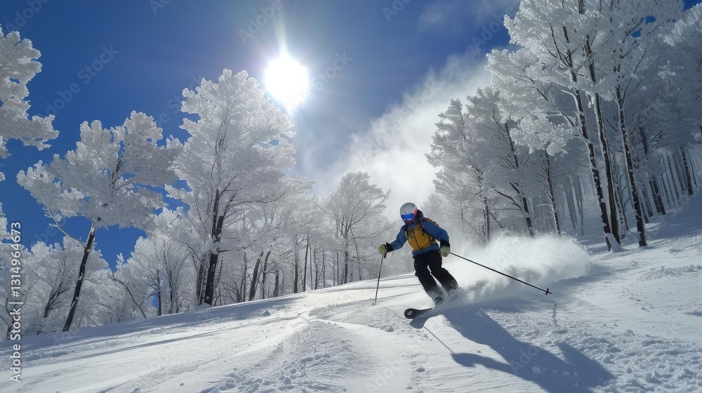 Poster a skier expertly navigates through untouched snow, kicking up powder against a backdrop of frost cov