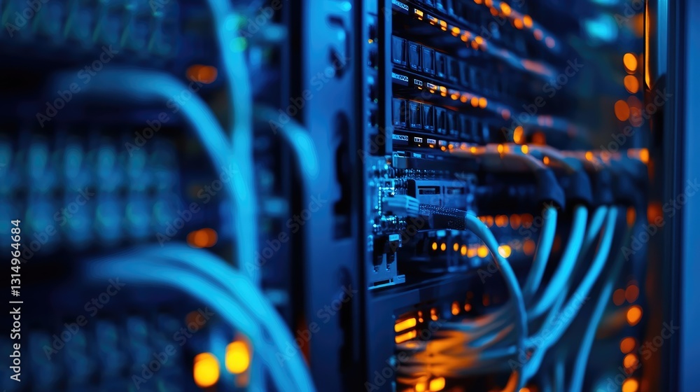 Poster network cables plugged into a high-speed data server.