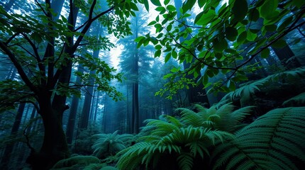 Lush ferns and vibrant green leaves dominate a tranquil forest scene with soft mist enveloping towering trees creating an enchanting atmosphere
