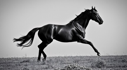 Dramatic Black and White Silhouette of a Galloping Horse in Photorealistic Style
