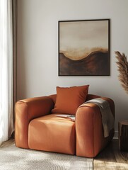 A modern orange armchair in a clean living room setting