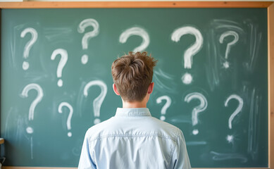 A teacher in front of a blackboard with painted question marks view from the back