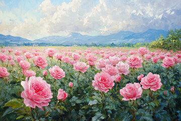 a painting of a field of pink roses